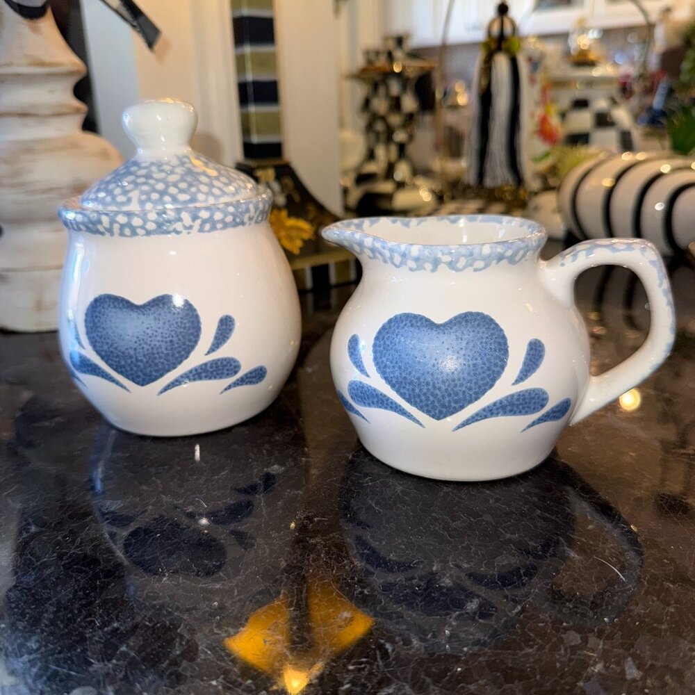 3 pc GUYROC Sponged Blue Heart Lidded Sugar Creamer Set Country Core Shabby Chic